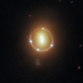 Right: The Einstein Cross, comprising four bright points corresponding to the quadruply-lensed images of the bright nucleus of a background galaxy. The fifth point near the middle of the cross corresponds to the foreground lensing galaxy.  Image credit: NASA/ESA/STSci